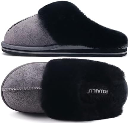 Womens Fuzzy Memory Foam Slippers Warm House Shoes in Black