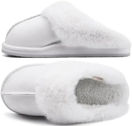 Womens Fuzzy Memory Foam Slippers Warm House Shoes in Snow White
