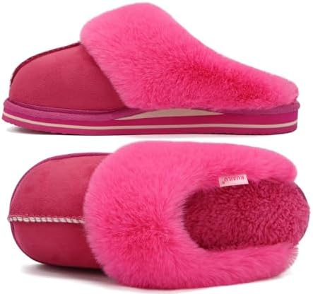 Womens Fuzzy Memory Foam Slippers Warm House Shoes in Rose Red