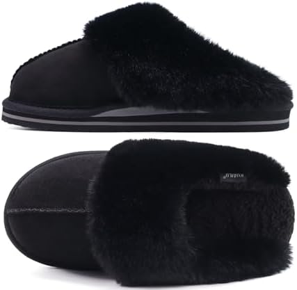 Womens Fuzzy Memory Foam Slippers Warm House Shoes in Dark Black