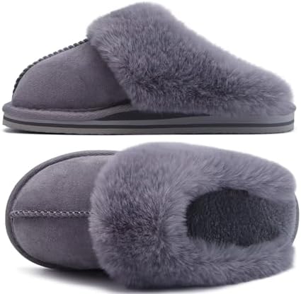 Womens Fuzzy Memory Foam Slippers Warm House Shoes in Dark Grey