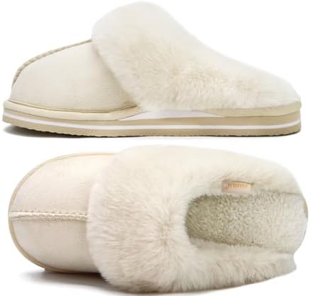 Womens Fuzzy Memory Foam Slippers Warm House Shoes in Cream