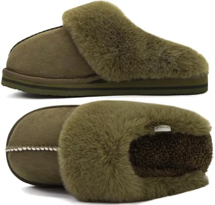 Womens Fuzzy Memory Foam Slippers Warm House Shoes in Olive Green