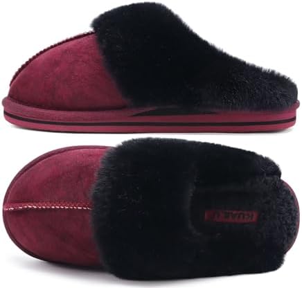 Womens Fuzzy Memory Foam Slippers Warm House Shoes in Red