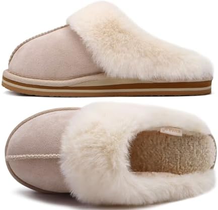 Womens Fuzzy Memory Foam Slippers Warm House Shoes in Apricot