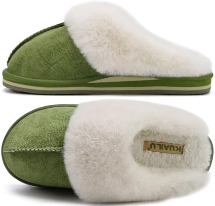 Womens Fuzzy Memory Foam Slippers Warm House Shoes in Green
