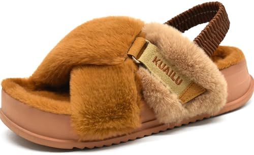 Womens Fuzzy Platform Slippers Arch Support Slides in Brown