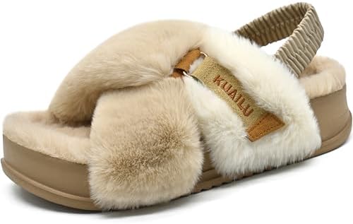 Womens Fuzzy Platform Slippers Arch Support Slides in Beige