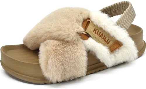 Womens Fuzzy Soft Platform Slippers in Beige