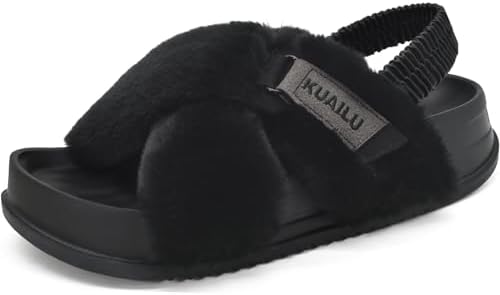 Womens Fuzzy Soft Platform Slippers in Black