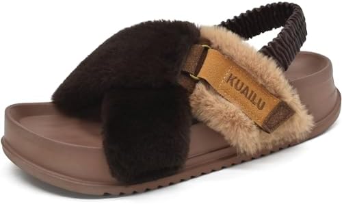 Womens Fuzzy Soft Platform Slippers in Brown