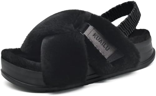 Womens Fuzzy Soft Platform Slippers in Plush Black