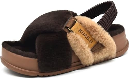 Womens Fuzzy Soft Platform Slippers in Plush Brown