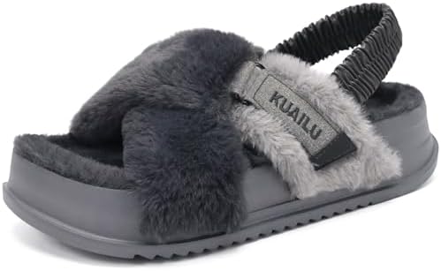 Womens Fuzzy Soft Platform Slippers in Plush Grey