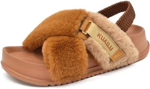Womens Fuzzy Soft Platform Slippers in Tan