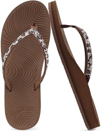 Women's Rhinestone Flip Flops Arch Support Yoga Mat in Brown