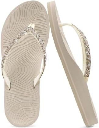 Women's Rhinestone Flip Flops Arch Support Yoga Mat in Beige White