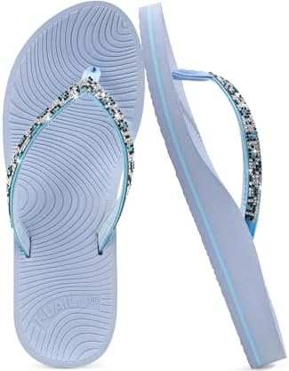Women's Rhinestone Flip Flops Arch Support Yoga Mat in Light Blue