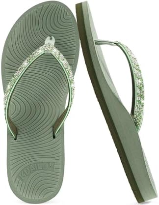 Women's Rhinestone Flip Flops Arch Support Yoga Mat in Green
