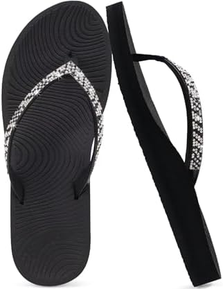 Women's Rhinestone Flip Flops Arch Support Yoga Mat in Black