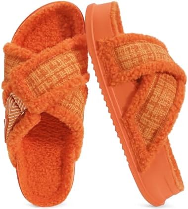 Womens Teddy Fleece Cross Band Slippers Arch Support in Orange