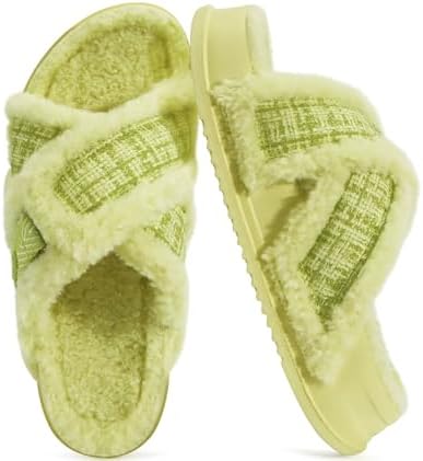 Womens Teddy Fleece Cross Band Slippers Arch Support in Green