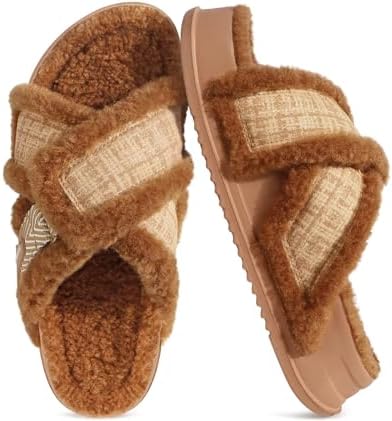 Womens Teddy Fleece Cross Band Slippers Arch Support in Brown