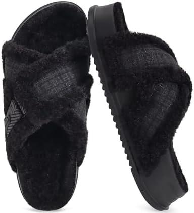 Womens Teddy Fleece Cross Band Slippers Arch Support in Black