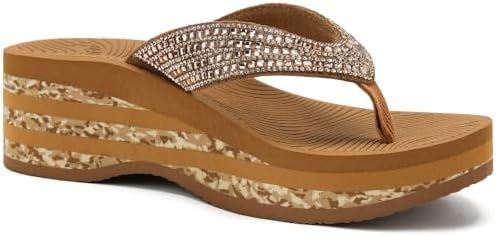 Women's Wedge Platform Flip Flops Rhinestones Yoga in Khaki