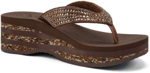 Women's Wedge Platform Flip Flops Rhinestones Yoga in Brown