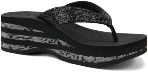 Women's Wedge Platform Flip Flops Rhinestones Yoga in Black
