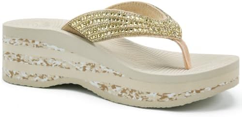 Women's Wedge Platform Flip Flops Rhinestones Yoga in Beige White