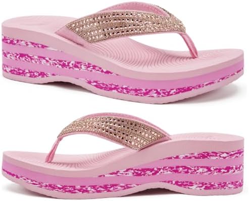 Women's Wedge Platform Flip Flops Rhinestones Yoga in V Light Pink