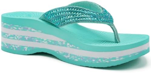 Women's Wedge Platform Flip Flops Rhinestones Yoga in Lake Blue
